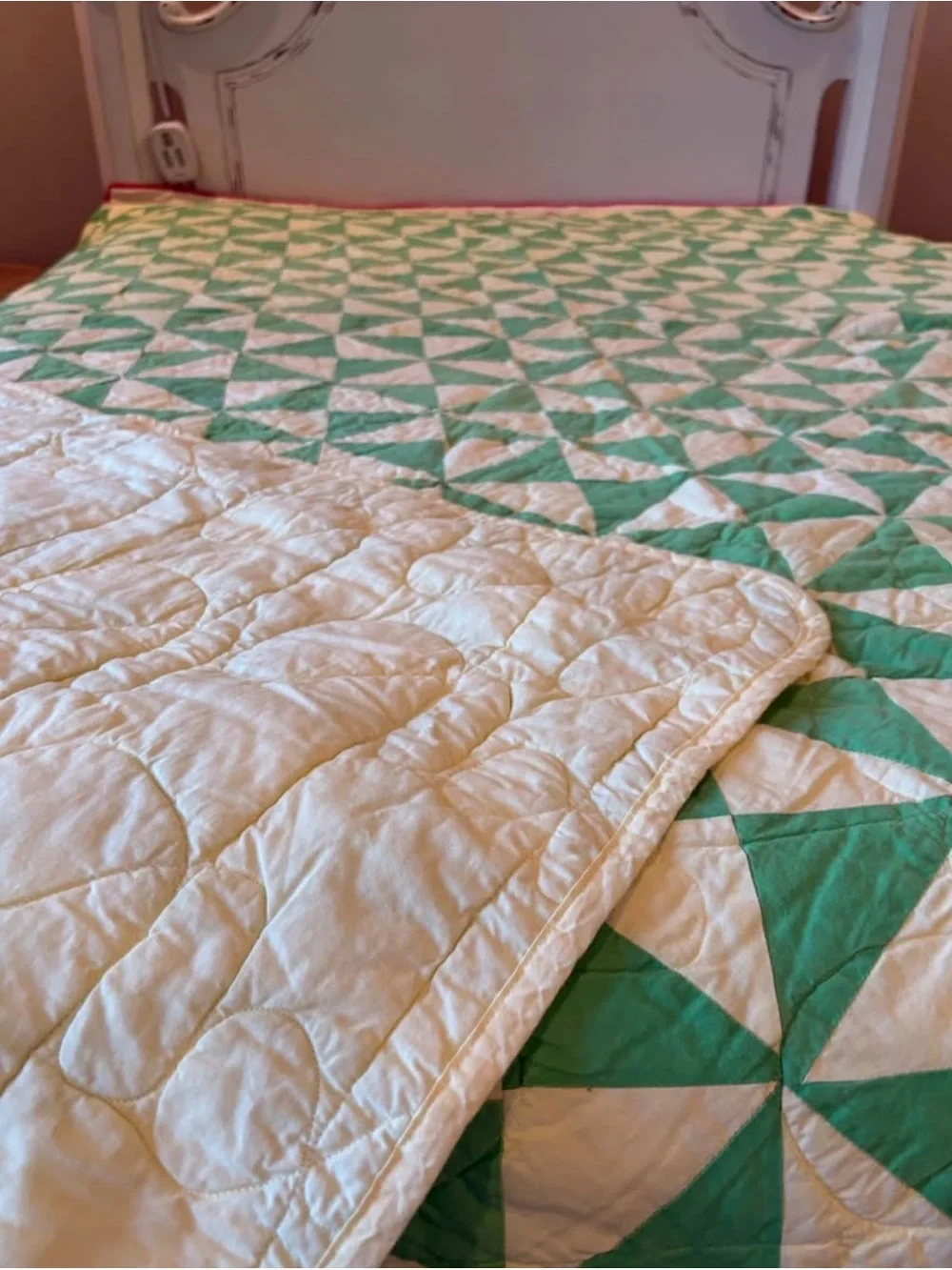Green and Cream Geometric Quilt -Hand pieced, machine sewn